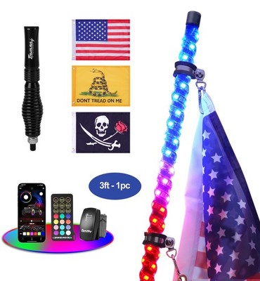 1PC 3FT RGB Chasing Spiral LED Whip Lights Antenna W/Flag & Remote for ATV UTV