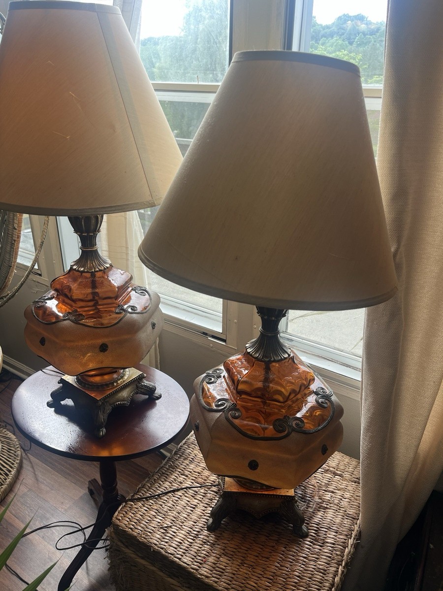 Pair of Vintage Carl Falkenstein Amber Bubble Glass Hollywood