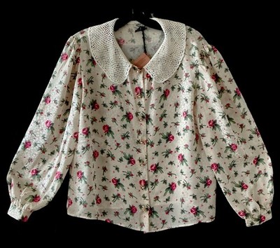 Mui Mui Silk Ivory Floral Crochet Neck Accent Long Sleeve Button Up Top 40/6 NWT