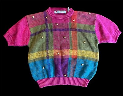 Vintage Chaus Sweater Size Med With Beaded Accents In Pink Green Purple Yellow