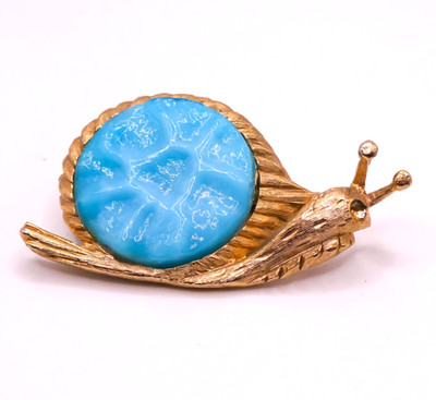 Blue Snail Molded Glass Insect Vintage Goldtone 2'' Brooch Pin Mens Womens 