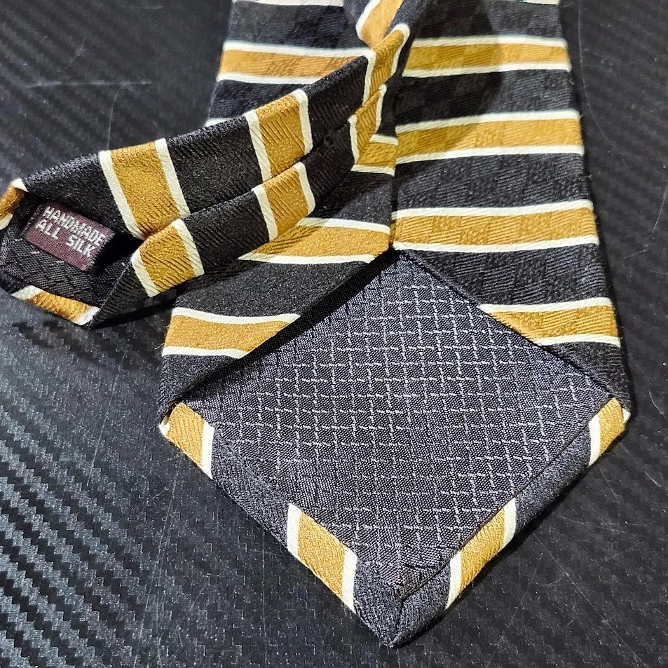 Corbata vintage Rafael negra, dorada y blanca horizontal a rayas hecha a mano 100 % seda Foto 4 de 4