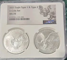 United States Mint American Eagle 2021 Type 1 & 2 Silver MS 70 NGC 2-Coin Set