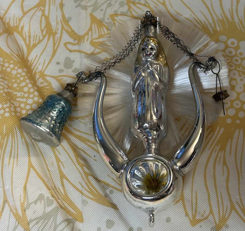 Antique Mercury Glass Wire Wrapped Indented Figural Christmas Tree Ornament