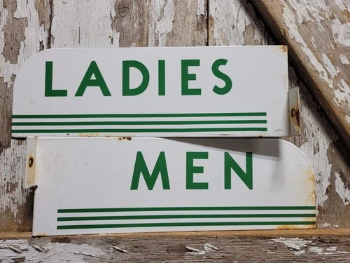 VINTAGE RESTROOM PORCELAIN SIGN OLD 1958 FLANGE SINCLAIR TEXACO SIGN MENS LADIES