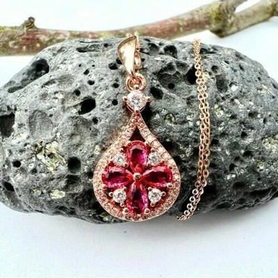 1.50Ct Pear Cut Red Ruby Flower Women's Pendant 14K Rose Gold Finish Free Chain