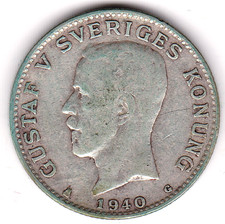 Sweden 1Kr  1940 1 Krona Gustaf V Sveriges Konung as shown