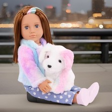 Our Generation Skylar  Bow Matching 18'' Doll  Pet Rainbow Puppy Set Box Tear