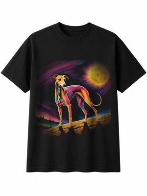 Psychedelic Whippet in Moonlight Hundeliebhaber Herren T-Shirt schwarz 100% Baumwolle Besitzer