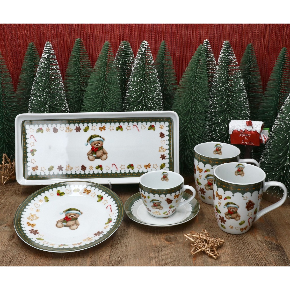Friend 18-tlg. Kaffeeservice Weihnachten Porzellan Geschirr mit Teddybär-Dekor