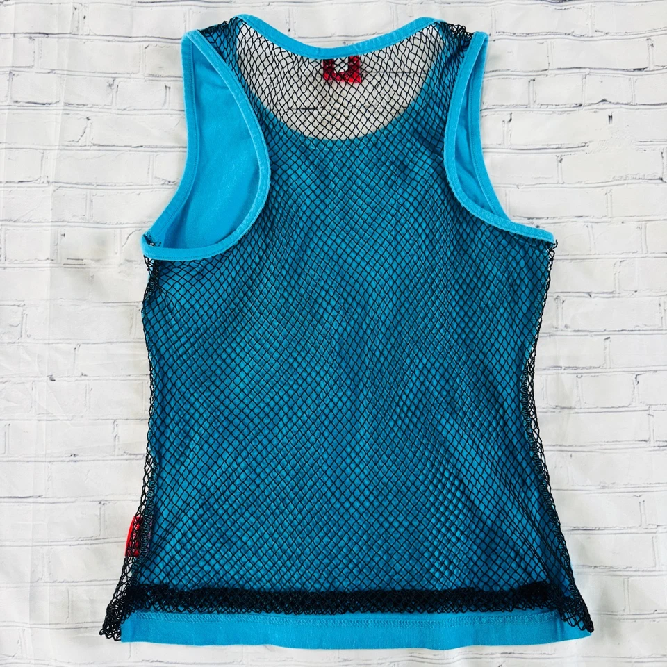 Y2K vtg OK47 Blue Rainbow COLOR HALFTONE Eye Graphic Print FISHNET Tank Top M - Image 2 of 4