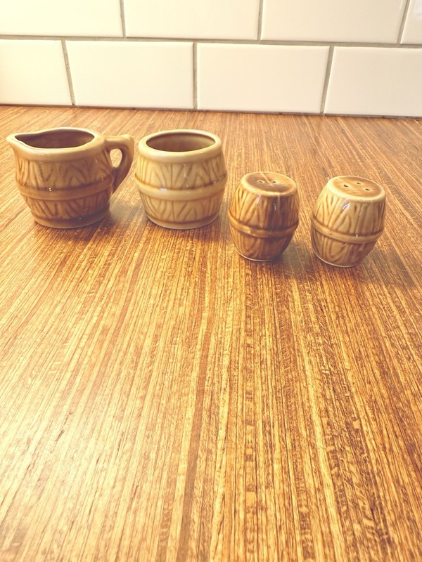 Vintage Japan Faux Bois Ceramic Creamer Sugar Bowl Salt Pepper Set Rustic MCM