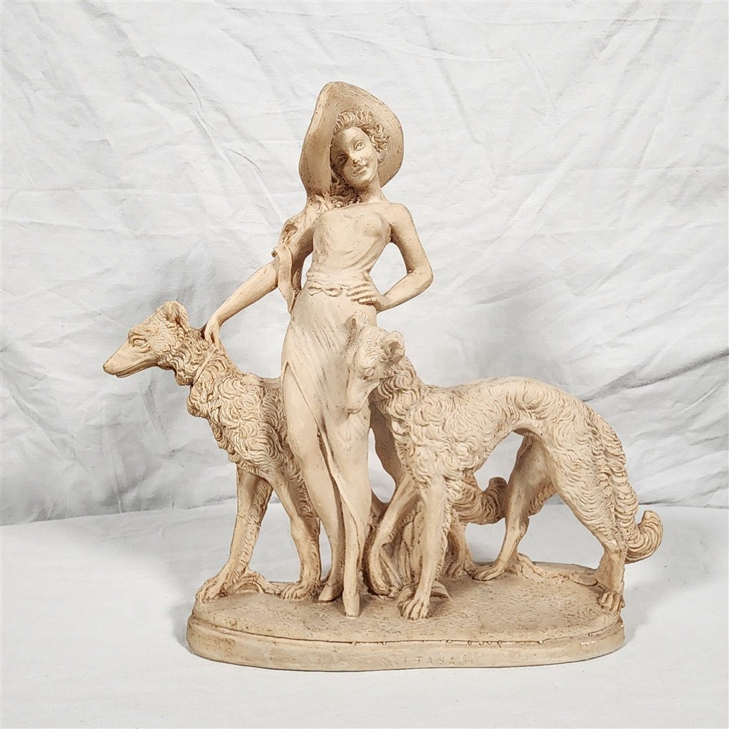 VTG Santini Figurine Art Deco Woman with Borzoi Dogs Sculpture GUC