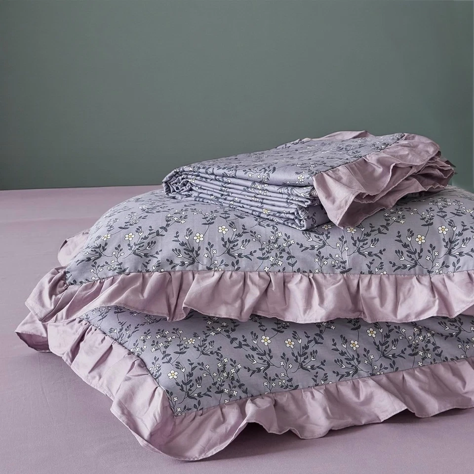 NEW Anthro Lavender Floral Ruffle Queen / King Cotton Bedding Duvet & Sham Set - Image 2 of 4