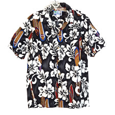 Vintage RJC Barkcloth Hawaiian Shirt Cotton Surfboard Hibiscus Aloha Size L USA