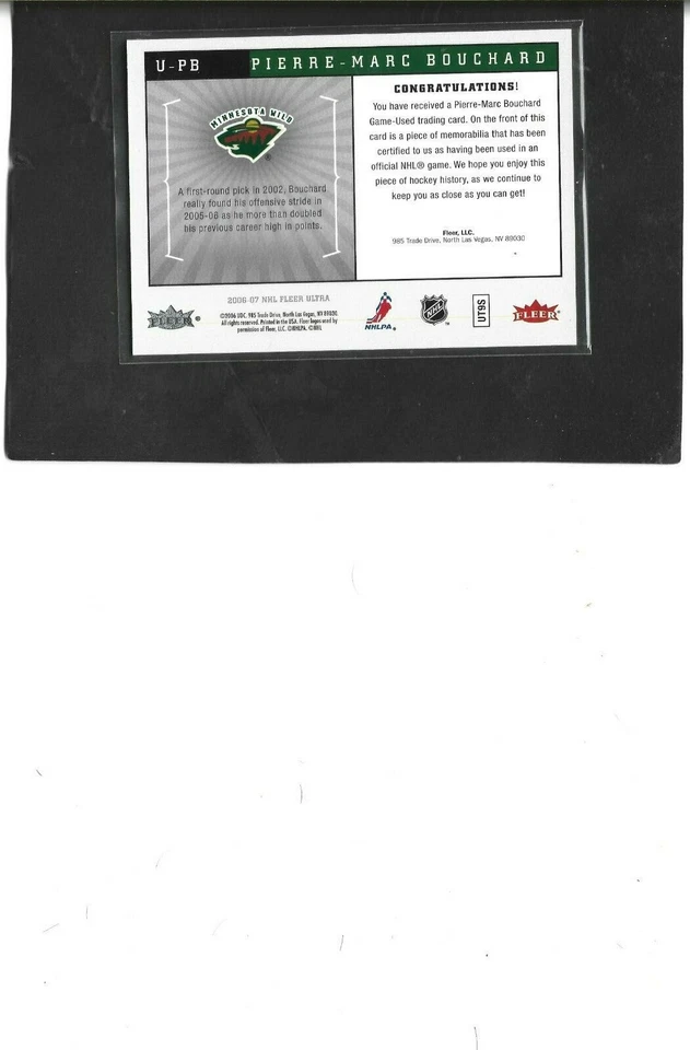 2006 Fleer Ultra Uniformity  NHL  # U-PB Pierre-Marc Bouchard - Image 2 of 2