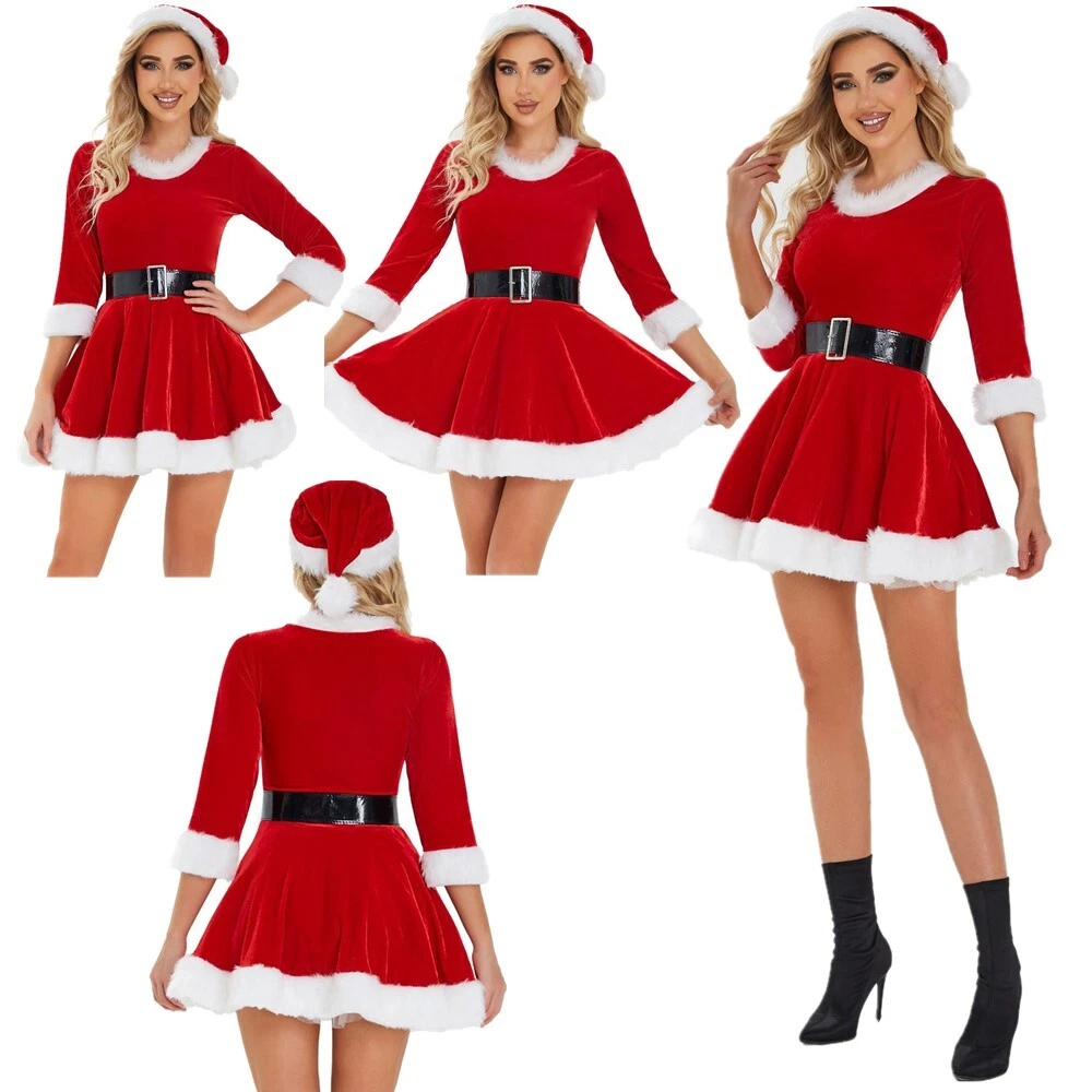 Women s Xmas Outfits Christmas Dress Up Cosplay Dress With Belt And Hat Santa