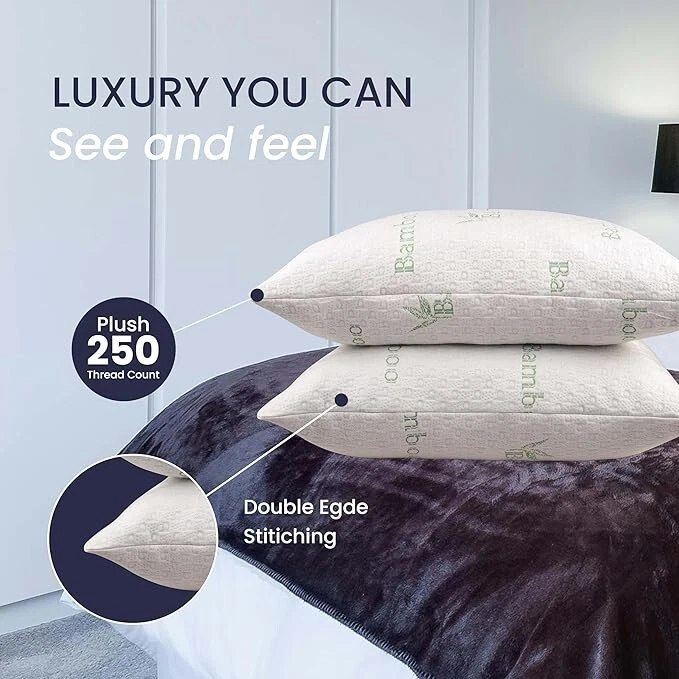 2- PACK Bamboo Pillow for Sleeping with Plush Fiber Fill Pillow for - Image 4 of 4