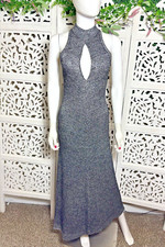 Vintage GENE Women's Silver Metallic Knit High Neck Midi Dress