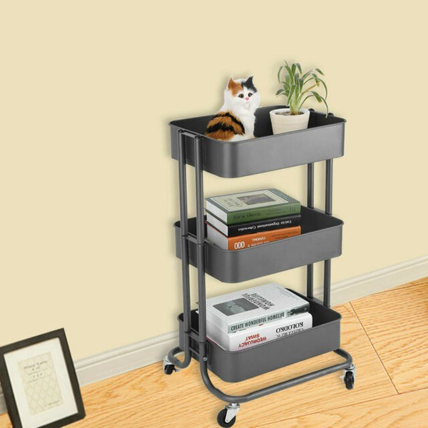 3 Tiers Black Kitchen Trolley Cart Slim Rolling Storage Rack Trolley