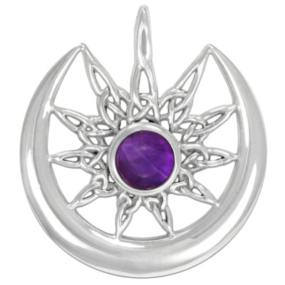 Sterling Silver Celtic Knot Sun Burst and Crescent Moon with Amethyst Gemstone