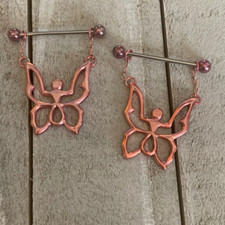 PAIR PINK BUTTERFLY DANGLE NIPPLE SHIELDS RINGS BARBELLS EXTRA LONG NEW 14 GAUGE