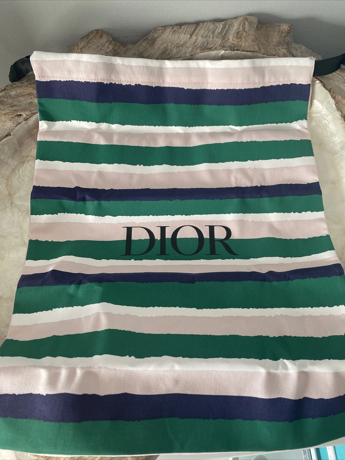 SAC FOURRE TOUT DIOR COTON RAYÉ CORDON VERT & ROSE ROSE GRAND 35 CM X 26 CM
