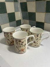 Rose Of England Fine Bone China. Set Of 4 Floral Mugs With A Script Background