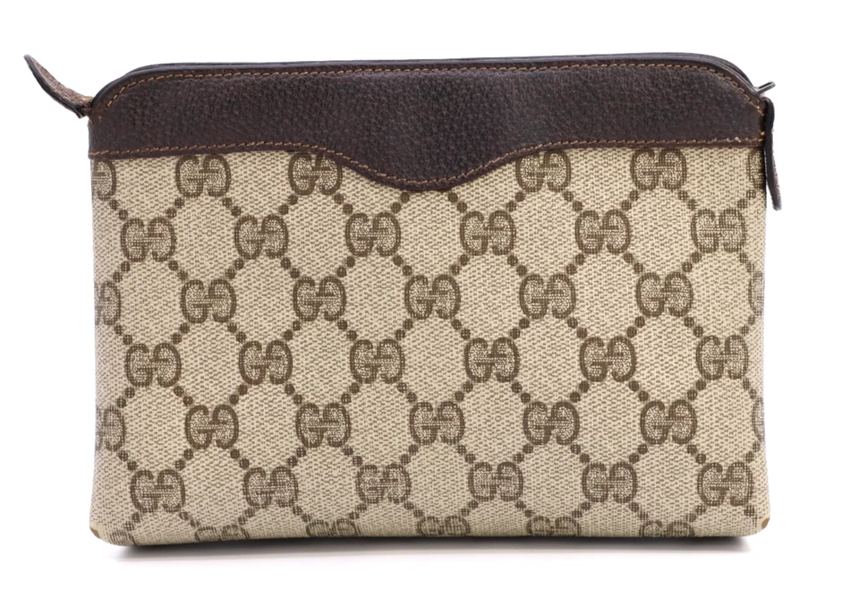 Vintage Gucci Cosmetic Pouch Mini Clutch Purse GG Supreme Brown Authentic - Image 3 of 4