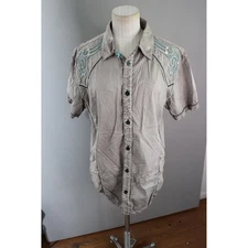 Roar Signature Mens Medium Gray Embroidered Short Sleeve Button Up Shirt