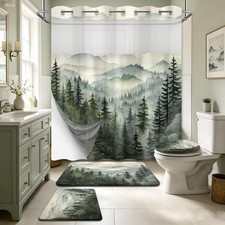 Sage Green Forest Bathroom Sets with Hookless Shower Curtain and Rugs Nature ...