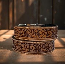 Genuine Leather Dog Cat Puppy Collar Hand Tooled Crafted Padded