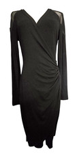 Vintage Cache Y2K Faux Wrap Dress Sheer Shoulder Cutout Slinky Black M