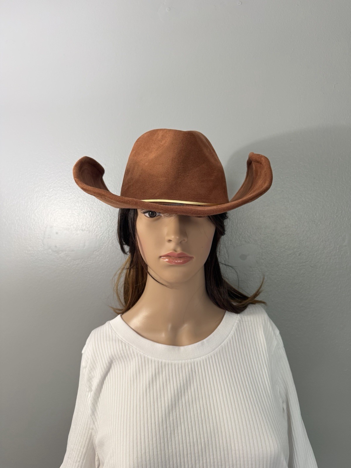 David And Young Cowboy Hat Brown Faux Suede Wide brim Gold band Western Wear