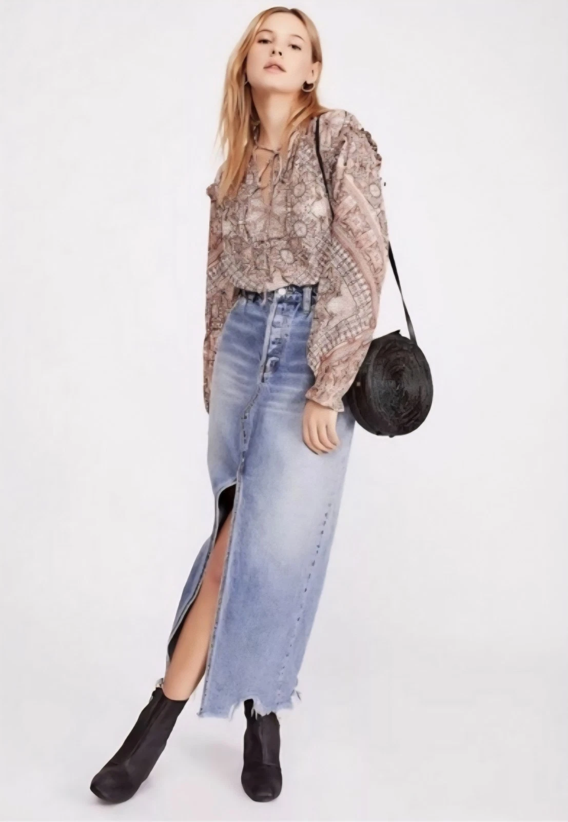 We the Free Rhiannon Distressed Front Slit Denim Maxi Skirt