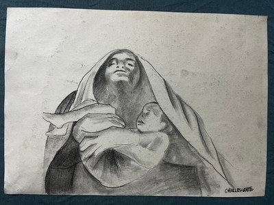 CHARLES WHITE drawing and painting on old paper signed stamped vintage