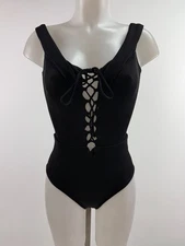 L'Space Black Ribbed Lace Front Swimsuit Maillot Sz 6 NWOT