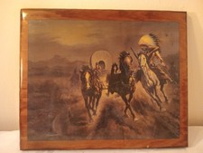 Vintage Print On Wood, Classic Native Indian / Cowboy / Western Scene