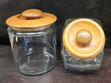 (2) Vintage MCM Winsome Wood Glass & Teakwood Canisters, EUC