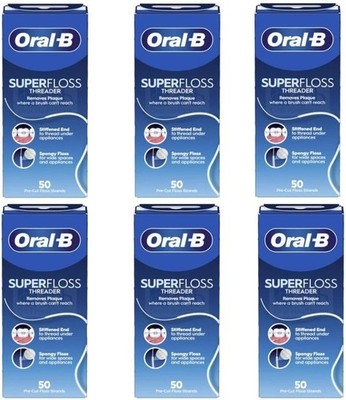 Oral-B Super Floss Threader Dental Floss, Pre-Cut 50 Count (Pack of 6), Mint 