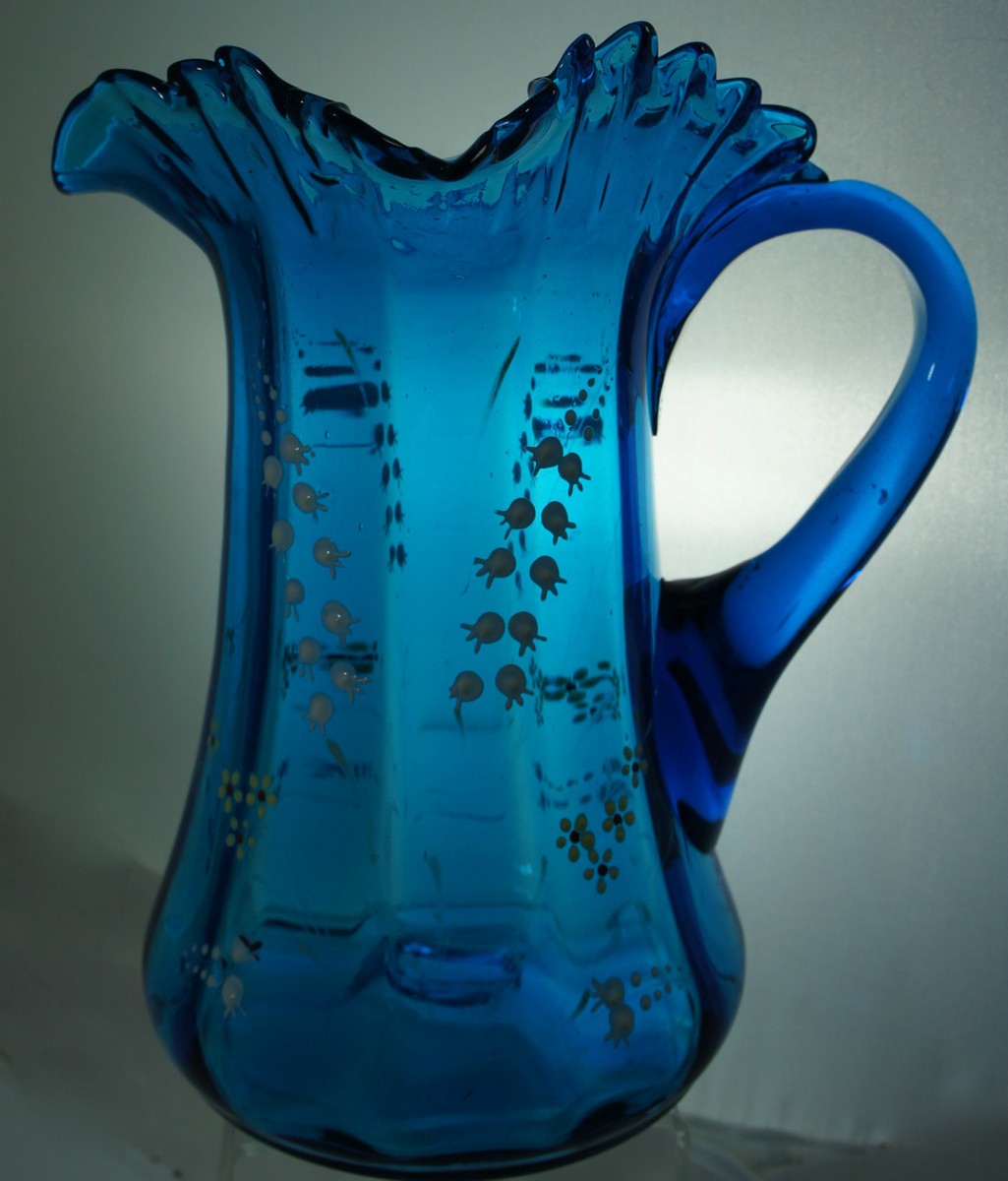 Antique Vintage Moser ? Victorian Blue/Teal Art Glass Pitcher
