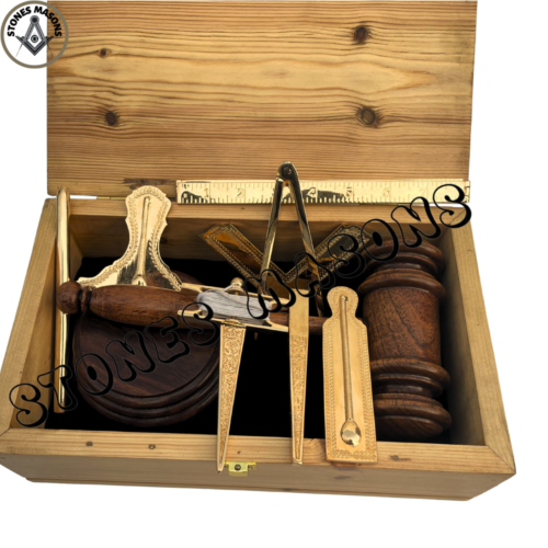 Masonic Standard Working Tools Set Gold Full Size Pine Wooden Box Gavel + Plate - Video 1 of 1