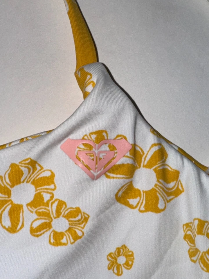 Top de biquíni feminino ROXY L amarelo branco FLOWER LOVER RVSBLE surf natação praia novo - Imagem 4 de 4