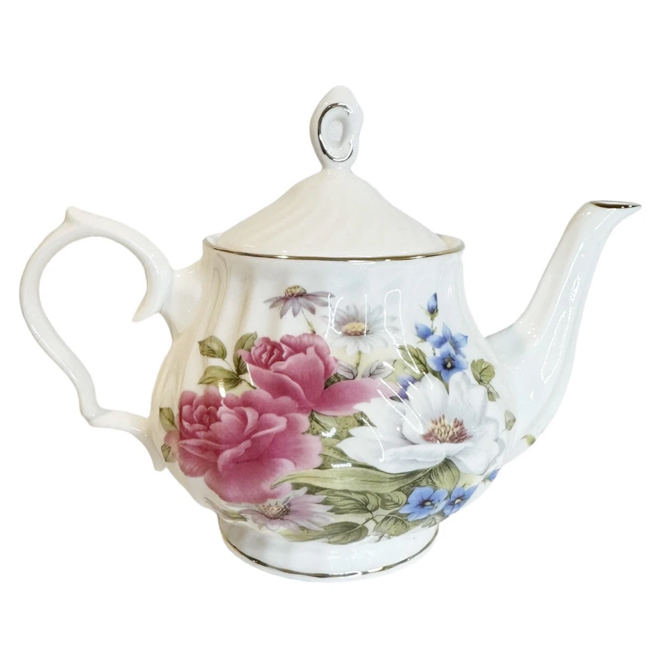 Grace Bone China Pink Rose Gold Trim  Footed w/Lid Teapot 7.5” x 9” - Image 3 of 4