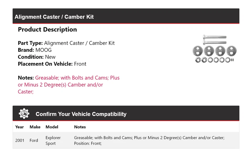 Kit de rueda de alineación/camber delantero MOOG para Ford Explorer Sport 2001 Foto 2 de 3
