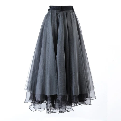 UK Women Denim Mesh Skirt Lace Splice Midi High Waist A-line Pleated Frill - Picture 6 of 17