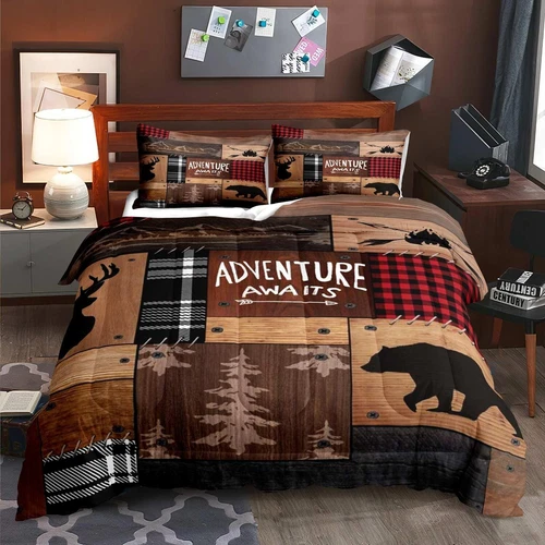 3PCS Cabin Comforter Set King Size, Rustic Farmhouse Bedding, Black Bear Deer El