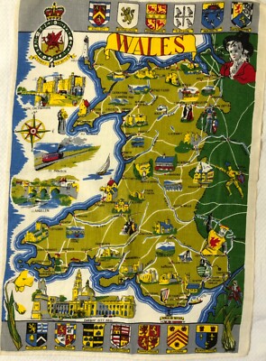 NEW Linen Tea Towel WALES 20''x 29'' Landmarks Family Shields Map NEVER USED NWOT