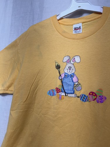 Vintage 80s/90s Y2K Anvil Easter Bunny Shirt Yellow Single Stitch Embroidered - Picture 4 of 17