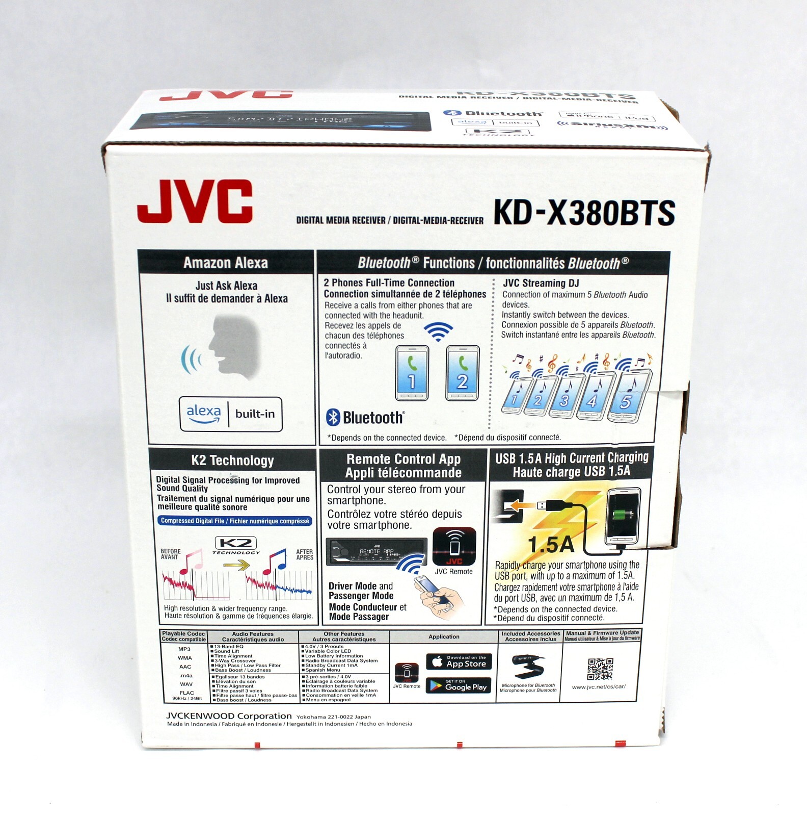 JVC KD-X380BTS Digital Media Car Receiver - Bluetooth, USB, SiriusXM -New In Box
